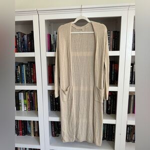 Lucky Brand tan knit sheer lightweight vintage 90s y2k hooded cardigan sweater